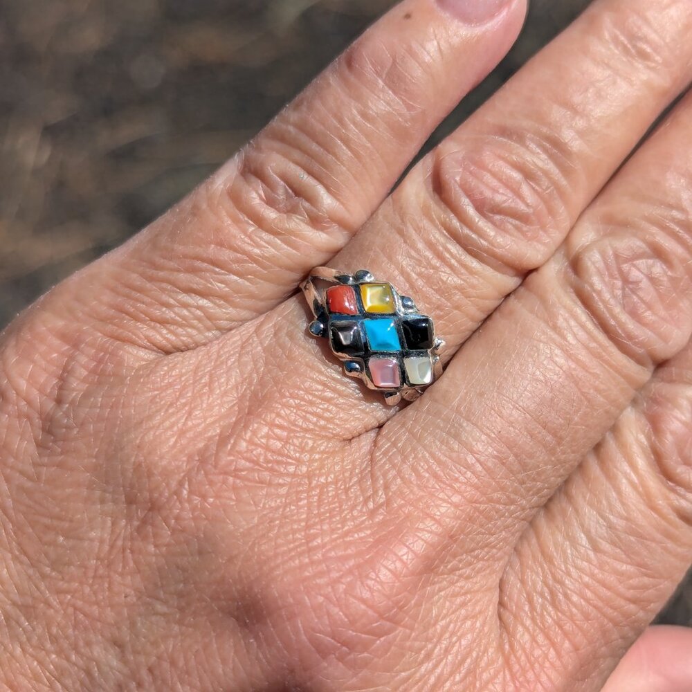 Native American Zuni Multi-Stone Mini Diamond Cluster‎ Inlay Ring Sz 8.75 US **